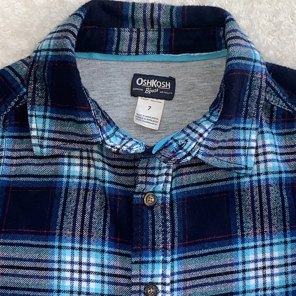 OshKosh Blue Button Down Shirt Classic Plaid 7 EUC